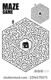 Hexagonal Maze Adventure: Find Your Way Home. Black and white maze vector illustration