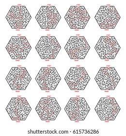 Hexagonal Maze Game background set. Labyrinth with Entry and Exit. Vector Illustration.
