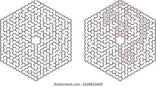Laberinto hexagonal ilustrado con líneas negras que muestran el camino hacia una solución en rojo
