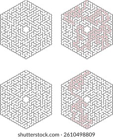 Hexagonal Maze Pattern Collection Complexity Logic Puzzle Strategy Pathfinding Illustration