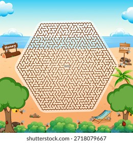 Juego de rompecabezas laberinto hexagonal para niños con fondo de tema de verano de playa. Complejo laberinto con objetivo END en el centro y señal START con abejas lindas. Oso con la silla de playa de la palmera del signo de la miel y paisaje del océano. Colorida ilustración de dibujos animados con mariquitas y Elementos de la naturaleza. Actividad infantil sin resolver perfecta para hojas de trabajo educativas libros de rompecabezas actividades de verano y materiales de aprendizaje imprimibles.