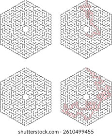 Hexagonal Maze Puzzle With Solution Variations Visual Challenge And Abstract Design