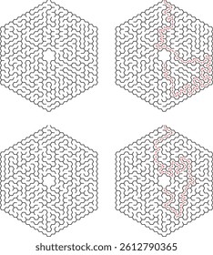 Hexagonal Maze Set With Solution,Difficulty Concept,Complex Puzzle Graphic,Labyrinthine Challenge