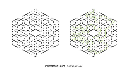 A hexagonal maze with solution, 10 cells wide