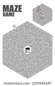 A hexagonal maze with a solution. Vector illustration of a maze game, labyrinth. 