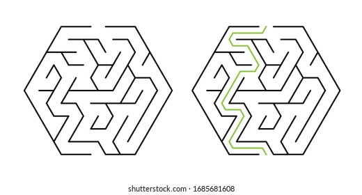 A hexagonal maze with triangular cell, 5 cells wide with solution