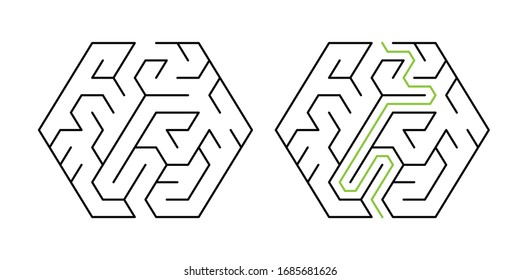 A hexagonal maze with triangular cell, 5 cells wide with solution