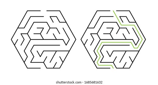 A hexagonal maze with triangular cell, 5 cells wide with solution