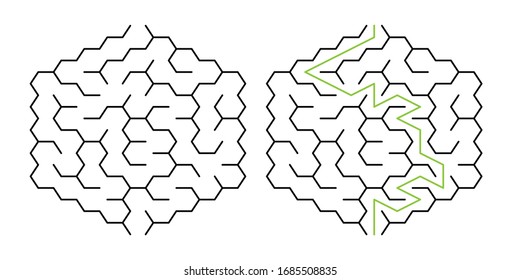 A hexagonal maze with a wall 5 cells long, with solution