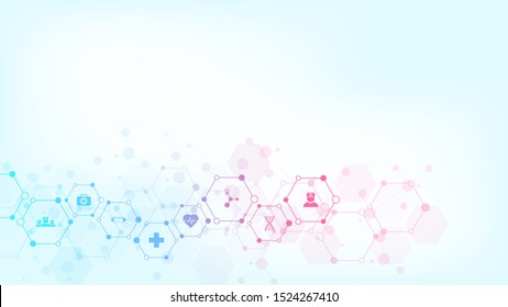 Hexagonal medical background with flat icons and symbols. Template design with concept and idea for healthcare technology, innovation medicine, health, science and research. Vector illustration