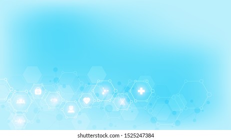 Hexagonal medical background with flat icons and symbols. Template design with concept and idea for healthcare technology, innovation medicine, health, science and research. Vector illustration