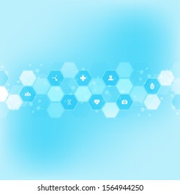 Hexagonal medical background with flat icons and symbols. Template design with concept and idea for healthcare technology, innovation medicine, health, science, and research. Vector illustration.