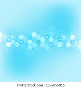 Hexagonal medical background with flat icons and symbols. Template design with concept and idea for healthcare technology, innovation medicine, health, science, and research. Vector illustration.