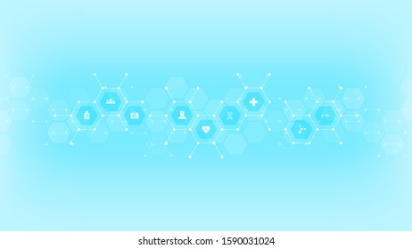 Hexagonal medical background with flat icons and symbols. Template design with concept and idea for healthcare technology, innovation medicine, health, science, and research. Vector illustration.