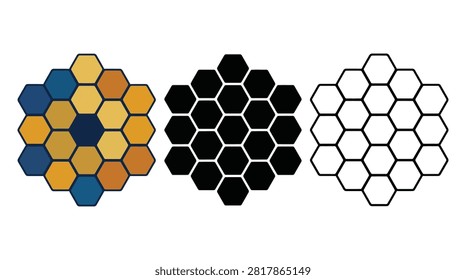 Hexagonal mirror array icons shown in flat solid and linear designs representing complex space telescope optics and geometric scientific structural patterns.