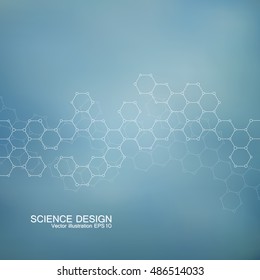 Hexagonal Molecular structure. Genetic and chemical compounds. Chemistry, medicine, science and technology concept. Geometric abstract background. Atom, DNA and neurons vector.