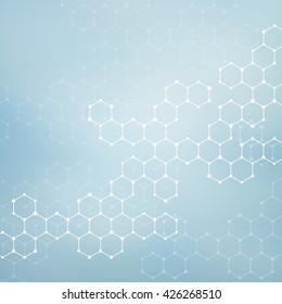 Hexagonal molecule. Molecular structure. Genetic and chemical compounds. Chemistry, medicine, science and technology concept. Geometric abstract background. Atom, DNA and neurons vector.