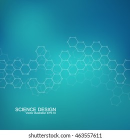 Hexagonal molecule. Molecular structure. Genetic and chemical compounds. Chemistry, medicine, science and technology concept. Geometric abstract background. Atom, DNA and neurons vector.