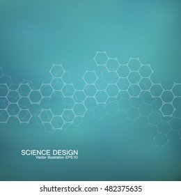 Hexagonal molecule. Molecular structure. Genetic and chemical compounds. Chemistry, medicine, science and technology concept. Geometric abstract background. Atom, DNA and neurons vector.