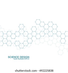 Hexagonal molecule. Molecular structure. Genetic and chemical compounds. Chemistry, medicine, science and technology concept. Geometric abstract background. Atom, DNA and neurons vector.