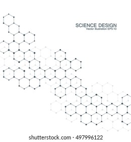 Hexagonal molecule. Molecular structure. Genetic and chemical compounds. Chemistry, medicine, science and technology concept. Geometric abstract background. Atom, DNA and neurons vector.