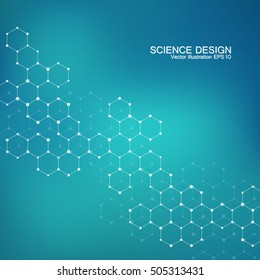 Hexagonal molecule. Molecular structure. Genetic and chemical compounds. Chemistry, medicine, science and technology concept. Geometric abstract background. Atom, DNA and neurons vector.