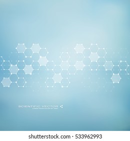 Hexagonal molecule. Molecular structure. Genetic and chemical compounds. Chemistry, medicine, science and technology concept. Geometric abstract background. Atom, DNA and neurons vector.