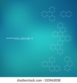 Hexagonal molecule. Molecular structure. Genetic and chemical compounds. Chemistry, medicine, science and technology concept. Geometric abstract background. Atom, DNA and neurons vector.