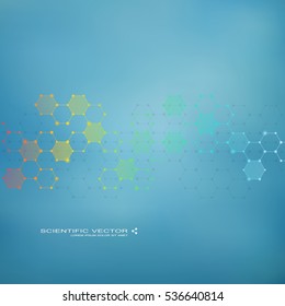 Hexagonal molecule. Molecular structure. Genetic and chemical compounds. Chemistry, medicine, science and technology concept. Geometric abstract background. Atom, DNA and neurons vector.