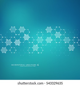 Hexagonal Molecule. Molecular Structure. Genetic And Chemical Compounds. Chemistry, Medicine, Science And Technology Concept. Geometric Abstract Background. Atom, DNA And Neurons Vector.