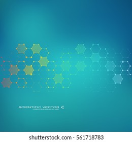 Hexagonal molecule. Molecular structure. Genetic and chemical compounds. Chemistry, medicine, science and technology concept. Geometric abstract background. Atom, DNA and neurons vector.