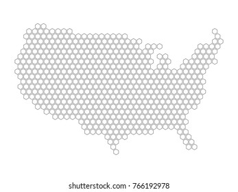 Hexagonal mosaic in a shape of USA map. Black vector illustration.