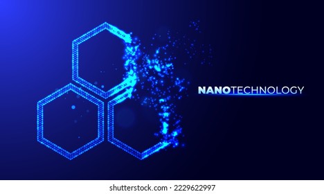 Hexagonal nanotechnology abstract background. Glowing neon particle honeycomb shapes. Abstract molecule model. Scientific research in molecular chemistry. The Graphene molecular atomic hexagonal