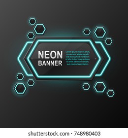 Hexagonal neon banner. Black glossy banner in the form of honeycombs with blue neon glow with place for text vector illustration
