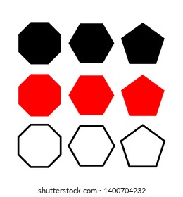 hexagonal, octagonal polygon. five, six, eight sided polygon black, red, line. pentagon, hexagon, octagon icon. vector geometry pentagonal