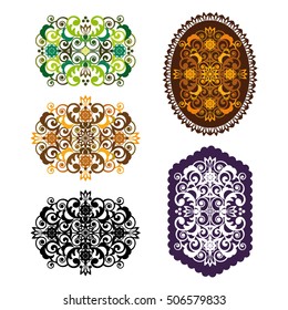 Hexagonal and oval floral pattern isolated on a white background. Openwork plant ornamental lace template, folk design.