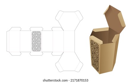 Hexagonal packaging box with Arabic pattern window die cut template and 3D mockup