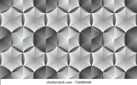 Hexagonal parametric background. Geometric seamless pattern with gradient hexagons in circle. Vector lattice, 3d realistic texture. Modern engraved metal effect.