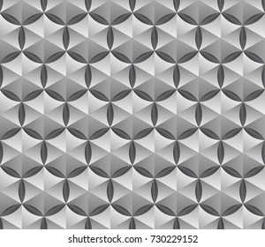 Hexagonal parametric background. Geometric seamless pattern with gradient hexagons in circle. Vector lattice, 3d realistic texture. Modern engraved metal effect.