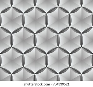 Hexagonal parametric background. Geometric seamless pattern with gradient hexagons in circle. Vector lattice, 3d realistic texture. Modern engraved metal effect.