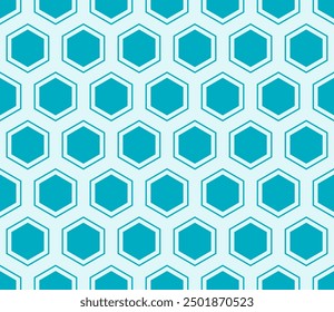 Fondo de patrón hexagonal. Color cian sobre fondo a juego. Células de mosaico hexagonal con relleno y células sólidas internas. Grandes Formas hexagonales. Patrón sin fisuras. Ilustración vectorial basculante.