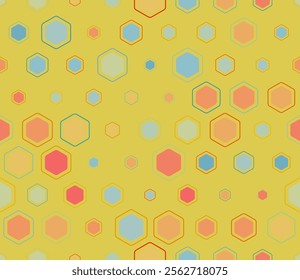 Hexagonal pattern background. Multicolored geometric elements of varied size. Rounded hexagons mosaic pattern with inner solid cells. Hexagonal cells. Tileable design. Seamless vector illustration.