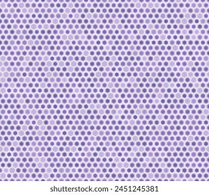 Hexagonal pattern background. Rounded hexagons mosaic cells with padding and inner solid cells. Purple color tones. Regular hexagon shapes. Tileable pattern. Seamless vector illustration.