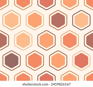 Hexagonal pattern background. Rounded hexagons mosaic cells with padding and inner solid cells. Orange color tones. Large hexagons. Tileable pattern. Seamless vector illustration.