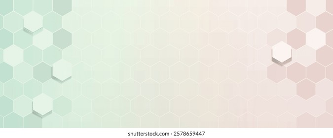 Hexagonal pattern background with soft pastel green and pink hues. The background has a subtle, textured gradient with green and pink tones. 3D hexagon border background. Turquoise background vector.