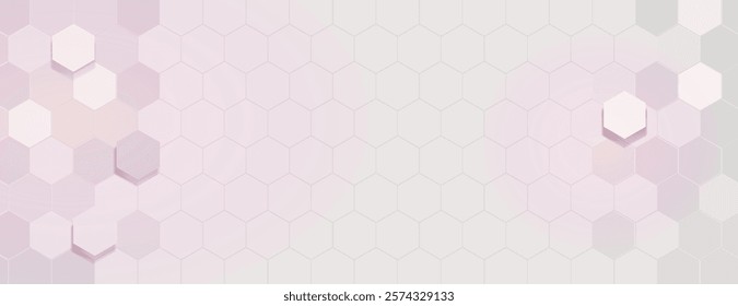 Hexagonal pattern background with a soft pink and white color scheme. The background has a subtle, geometric texture in pink and white. 3D hexagon border background. Pink background vector.