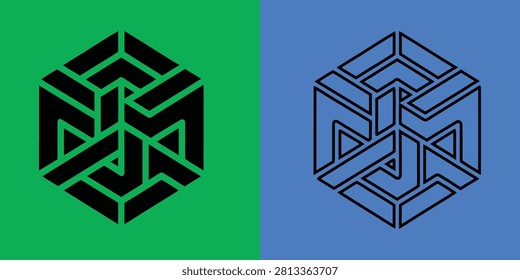 Hexagonal pattern with intertwined geometric segments in solid black and outline style on green and blue backgrounds