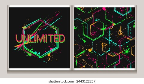 Hexagonal pattern, label with text Unlimited, paint brush strokes, splattered paint. Neon bright colors. Abstract geometric composition. Abstract style for sports goods, prints, clothing, t shirts