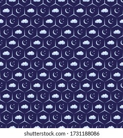 Hexagonal pattern with moons and clouds inside the cells. Geometric background in blue. Vector seamless pattern.
