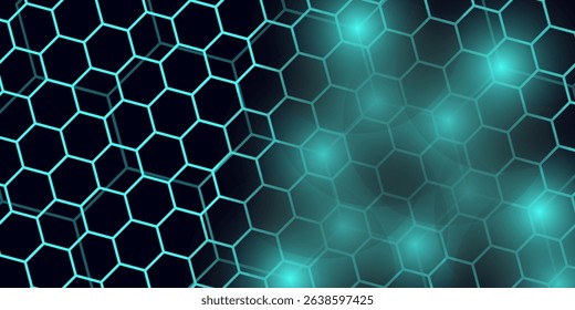 Hexagonal patterns in blue and black background dominating. Each hexagon connecting seamlessly, forming futuristic mesh. Vector modern